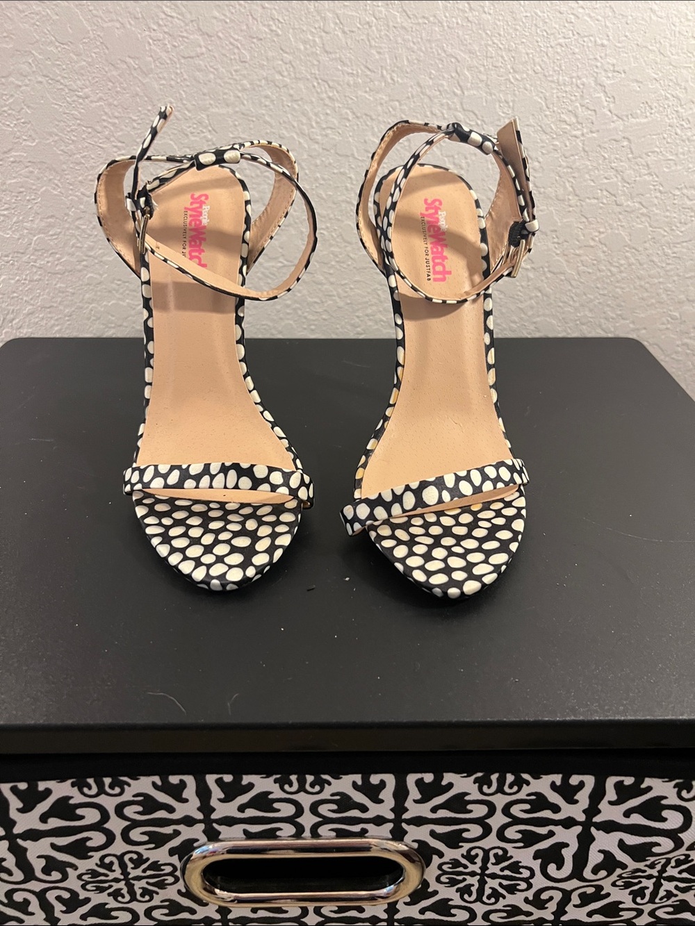 JustFab Black and White Polka Dot Ankle-Strap Heels